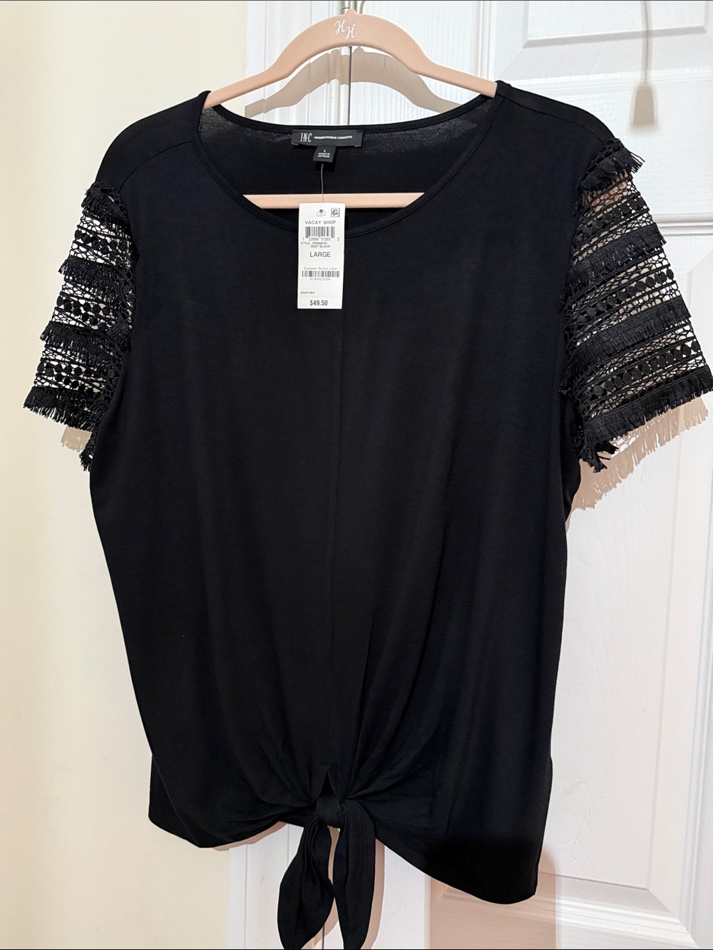 Womens Black Tie-Front Top with Lace Trim Sleeves